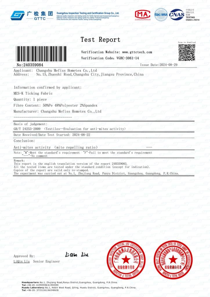 Anti-Mite Tested Mes-K Air Layer Fabric Certificate